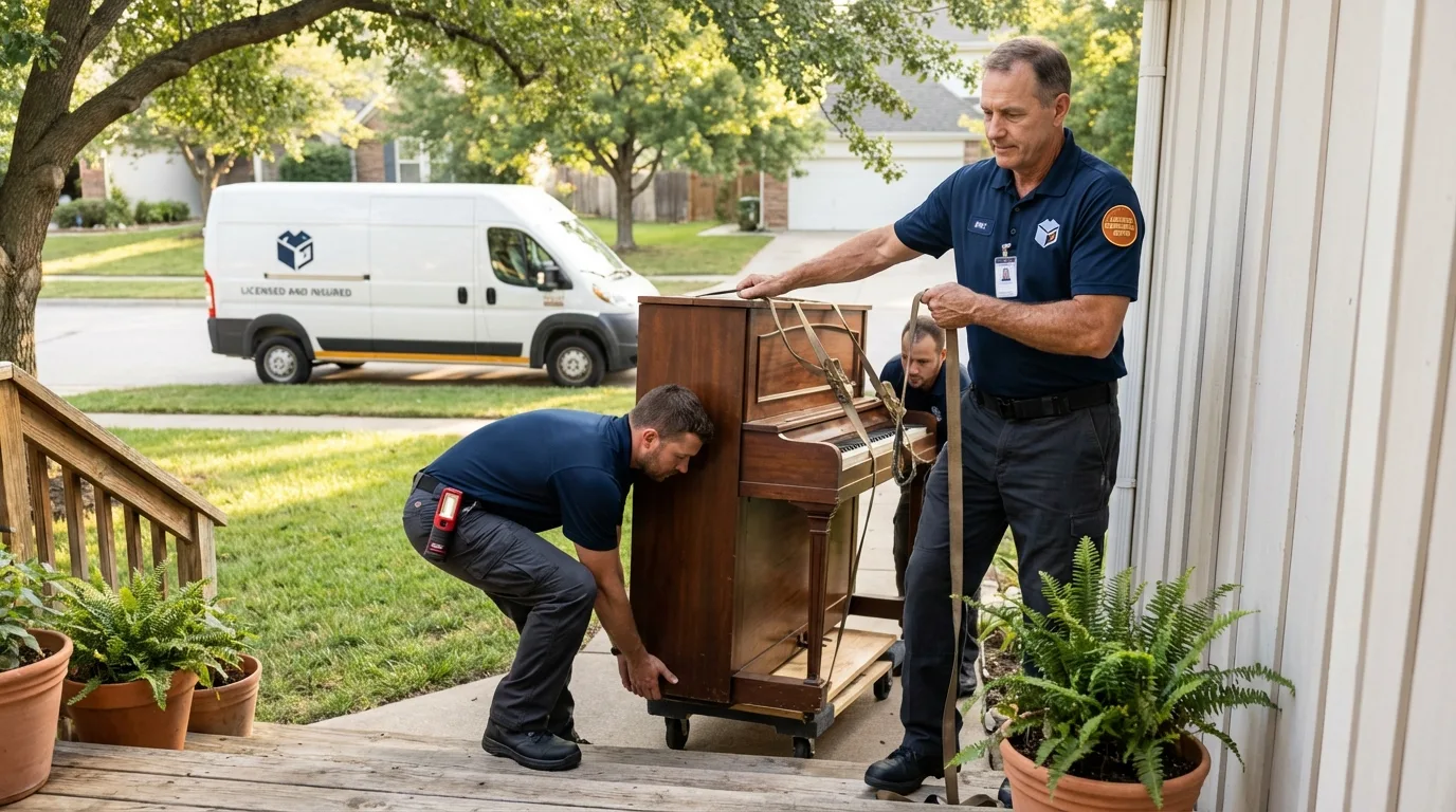 Licensed piano movers securing grand piano in Algona, IA