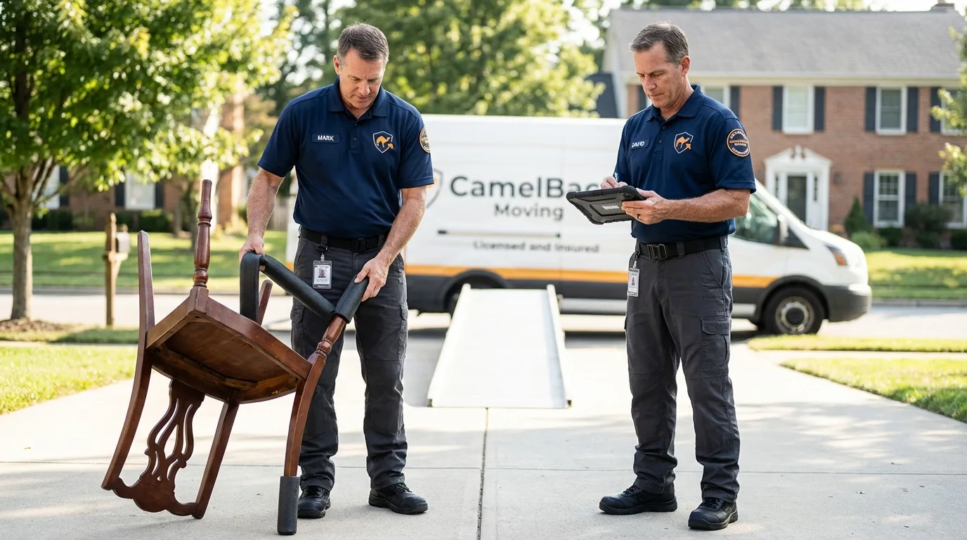 Movers inspecting furniture for damage prevention before loading in Algona, IA