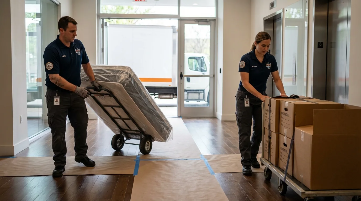 Professional apartment movers loading elevator in Algona, IA